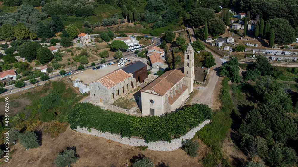 Aerial view of the medieval convent of Sainte Lucie de Tallano in the mountains of Southern Corsica, France
