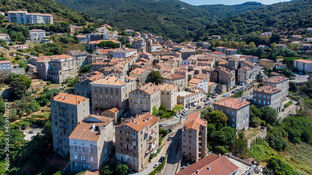 Aerial view of the medieval city of Sartène in the mountains of the South of Corsica, France - Regional capital, Sartène is mostly made of granite buildings