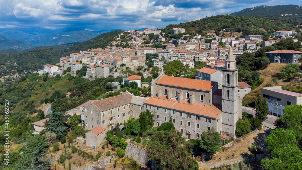 Aerial view of the Convent of Saints Cosimo and Damian  of Sartène in the mountains of the South of Corsica, France - Regional capital, Sartène is mostly made of granite buildings