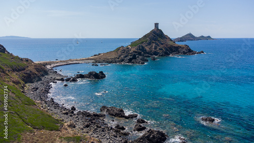 Aerial view of the remains of the Genoese Tower of La Parata built on an overlook at the end of a cape near Ajaccio in Corsica, France