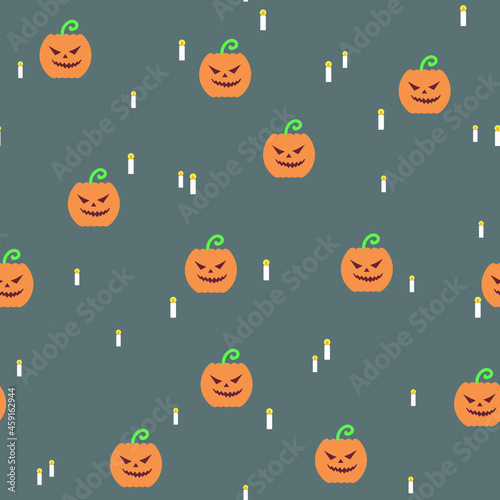 Pumpkin halloween with burning candles dark gray seamless vector pattern