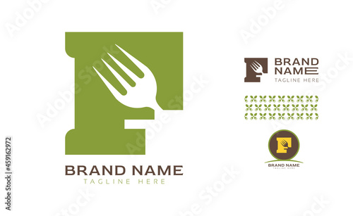 Creative bold letter F logo using Fork and Spoon for food business, hotel, restaurant, fast food, eats including pattern and logo variants for branding designs