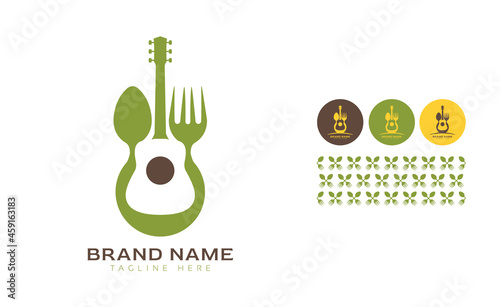 Creative bold Guitar music logo using Fork and Spoon for food business, hotel, restaurant, fast food, eats including pattern and logo variants for branding designs