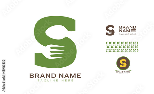 Creative bold letter S logo using Fork and Spoon for food business, hotel, restaurant, fast food, eats including pattern and logo variants for branding designs