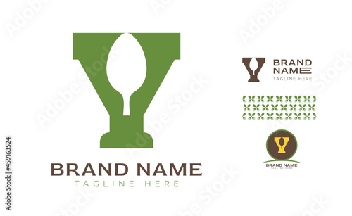 Creative bold letter Y logo using Fork and Spoon for food business, hotel, restaurant, fast food, eats including pattern and logo variants for branding designs
