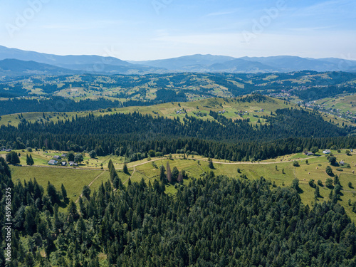 Green mountains of the Ukrainian Carpathians on a sunny summer morning. Coniferous trees on the mountain slopes and green grass. Aerial drone view.