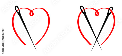 Cartoon needle with thread and slaogan love. Needle pictogram. Flat black wire vector icon. For sewing clothes. Needle eye symbol. Needlework silhouette line pattern logo.