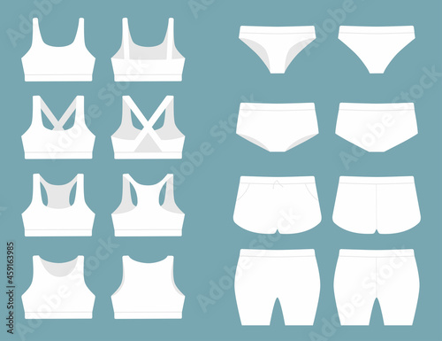 Large set of mock-ups of sports underwear for women. Front and back views. Flat style. Vector illustration