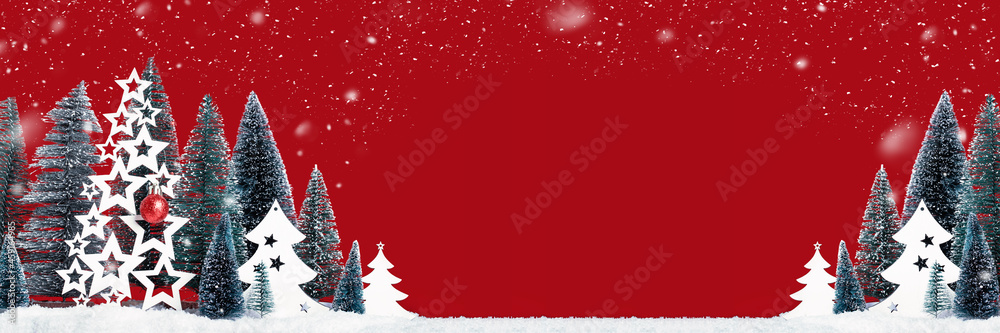 Many christmas trees with snow and wooden trees with red bauble in snow. Merry Christmas and a Happy New Year banner with borders. Seasons greetings card. Red background