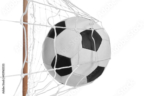Soccer ball in net on white background