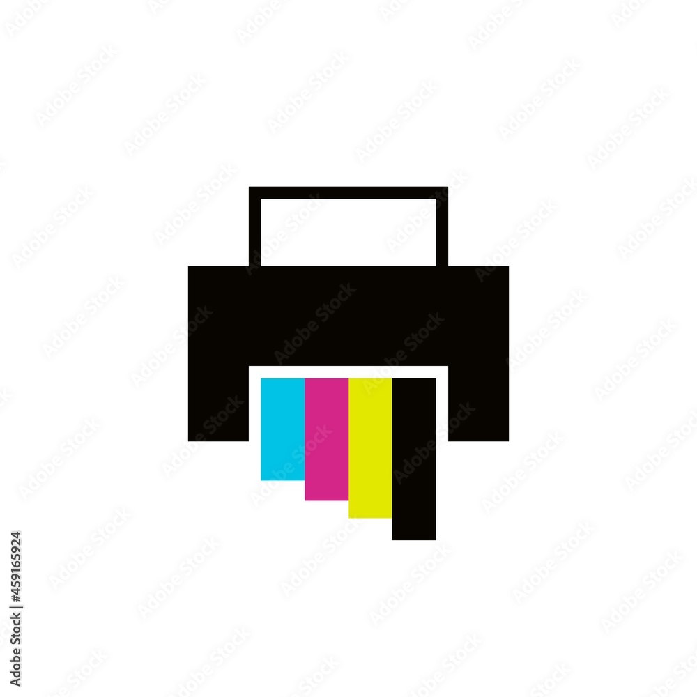 Printer with paper sheet glyph color icon. Template print. Trendy flat isolated symbol, sign used for: illustration, printing logo, mobile, app, design, web, dev, ui, ux, gui. Vector EPS 10