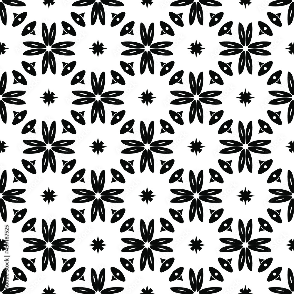 Flower geometric pattern. Seamless vector background. White and black ornament. Ornament for fabric, wallpaper, packaging. Decorative print. Flower geometric pattern. Seamless vector background. White and black ornament. Ornament for fabric, wallpaper, packaging. Decorative print.