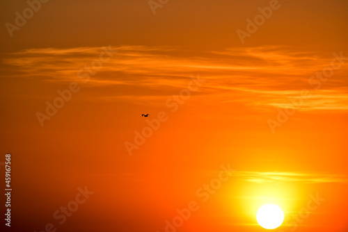 Romantic sunset , big sun in the sky in the evening. Orange air space
