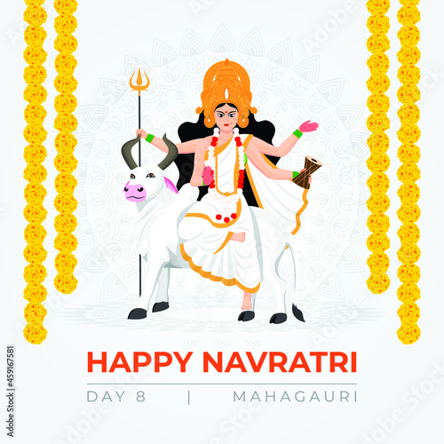 Happy Navratri wishes, concept art of Navratri, illustration of 9 avatars of goddess Durga, Mahagauri Devi 