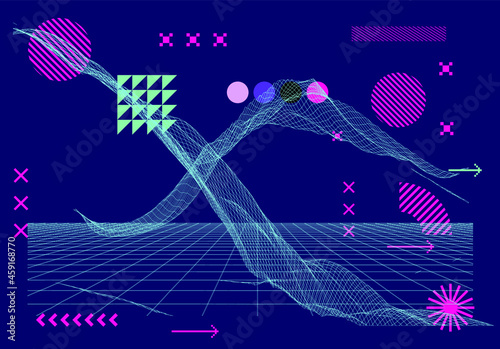 3D polygonal mountain landscape in retrofuturistic style. Concept of data visualization and  machine learning.