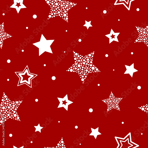 Seamless pattern with stars and snow on red background. Vector illustration.