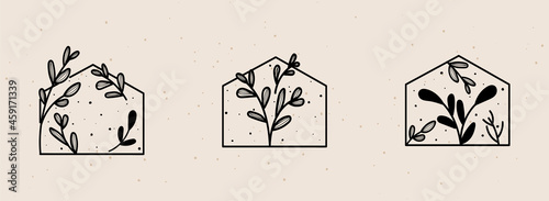 Vector set of abstract logo design templates in simple linear style - cozy home emblems, houses and plants - symbols for social media stories highlights and posts for interior stores and florist