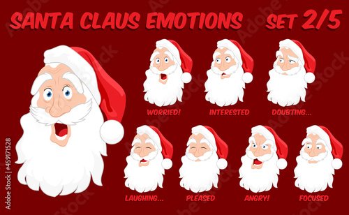 Cartoon Santa Claus face emotions, vector illustration, set 2