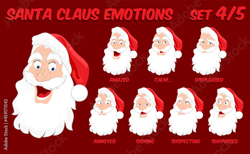 Cartoon Santa Claus face emotions, vector illustration set 4