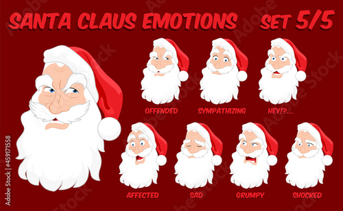 Cartoon Santa Claus face emotions, vector illustration, set 5