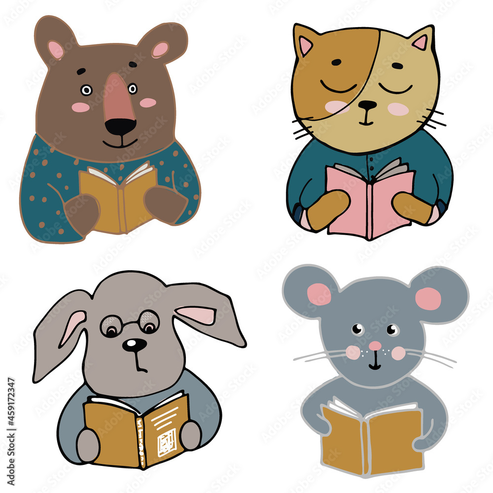 cliparts with reading animals, a portrait of an animal reading a book, a bear, a cat, a dog and a mouse