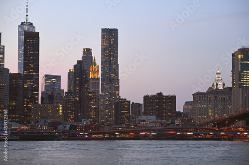 Lower Manhattan Skyline at night. Skyscrapers became signature of New York skyline