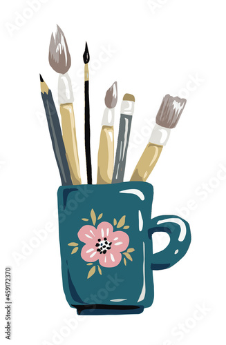 mug with brushes for artists, hand drawing in cartoon style