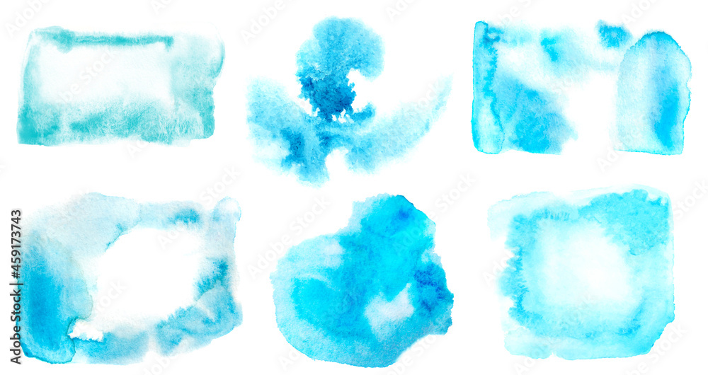 Watercolor background stain collection. Splash of blue paint for decoration, design, wedding invitation, banner, booklet. Aquarelle abstract splash blotch set	