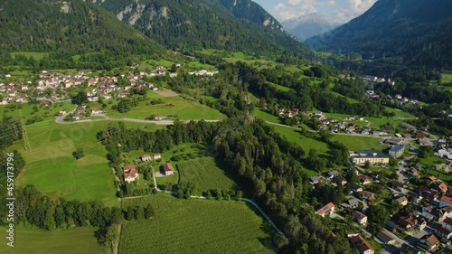 Aerial view around the village Scharans in Switzerland on a sunny day in summer. photo