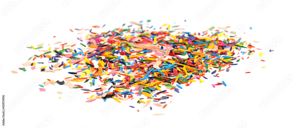 Colorful graphite crumbs on white background. Pencil sharpening