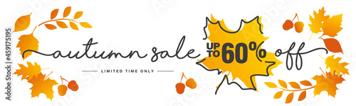 Autumn Sale up to 60 % off handwritten typography lettering line design autumn color leafs on white background