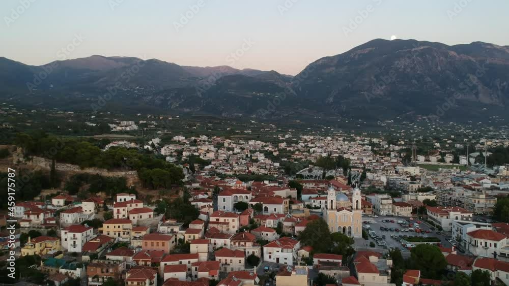Aerial view around the Metropolitan church of Ypapanti and the castle hill of Kalamata, Greece Aerial view around the Metropolitan church of Ypapanti and the castle hill of Kalamata, Greece