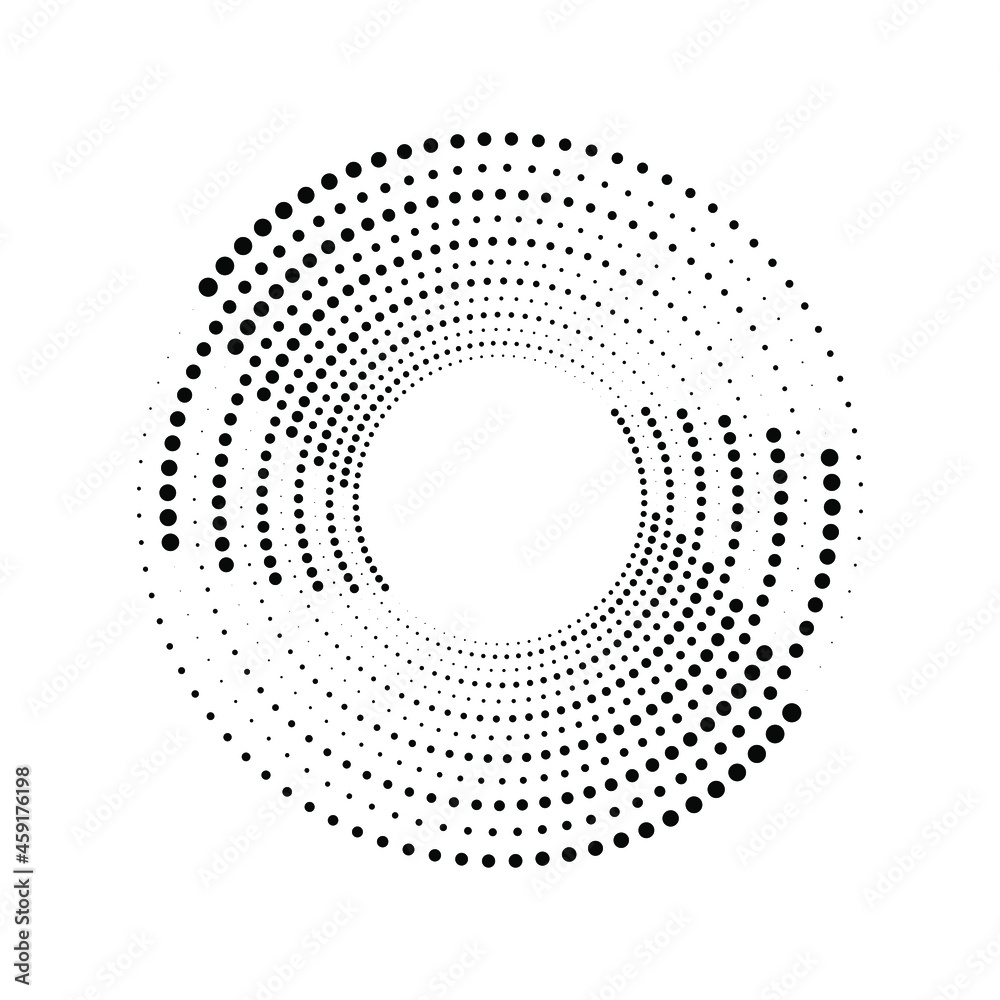 Halftone dotted black speed lines in spiral form. Trendy design element for border frame, round logo, tattoo, sign, symbol, web pages, prints, template, pattern and abstract background