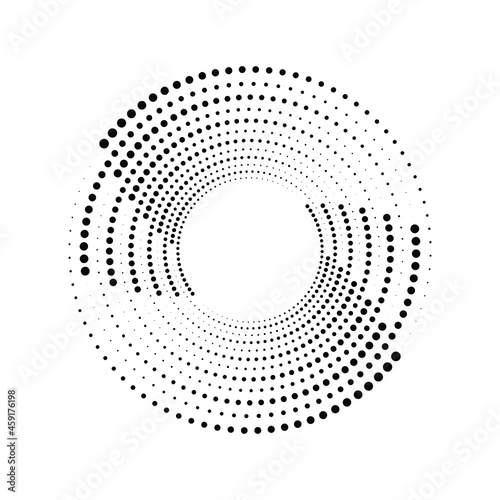 Halftone dotted black speed lines in spiral form. Trendy design element for border frame, round logo, tattoo, sign, symbol, web pages, prints, template, pattern and abstract background