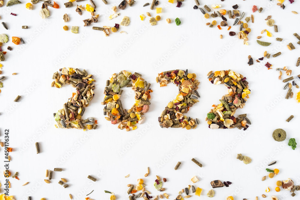 Number 2022 made of animal food isolated on white background with food grain around. Happy New Year or Christmas for animals concept.