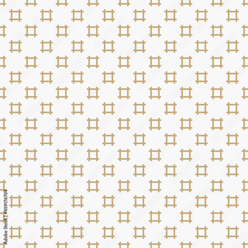 Simple minimalist seamless pattern. Golden vector minimal geometric texture. Abstract background with small square shapes, lines, grid, hashtag symbols. Gold and white repeat design for decor, wrap