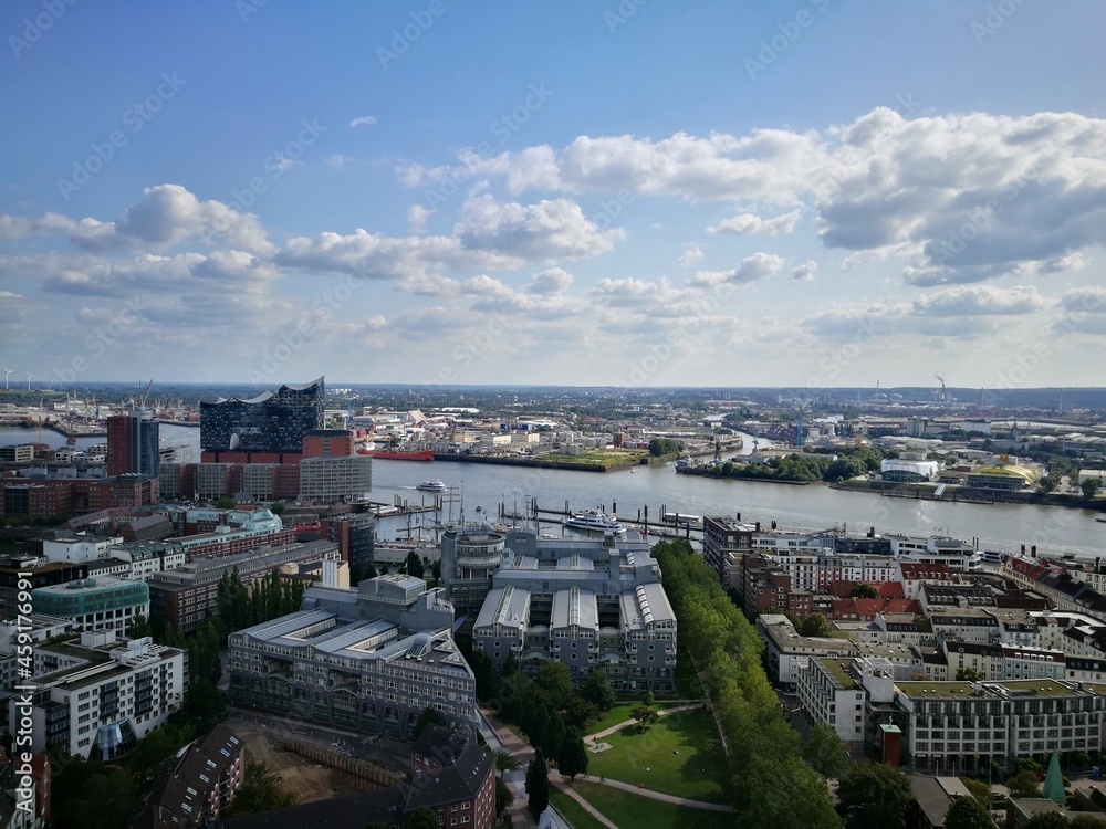 Hamburg, Germany: panoramic view over Hamburg and the river Elbe from St. Michael's Church's bell tower (Hauptkirche Sankt Michaelis)