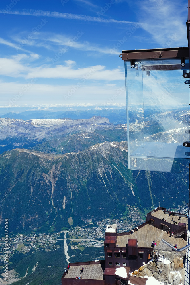 No people in the 'Step into the Void' glass box on the Aiguille Du Midi  (3842m) mountain top above Chamonix, Mont-Blanc massif, Haute Savoie,  France. Photos | Adobe Stock