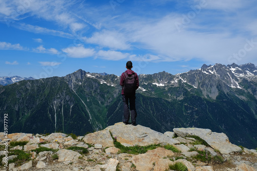 Fototapeta Naklejka Na Ścianę i Meble -  Looking to the Brevent mountains on the amazing mountain trail from middle cable car station to Refuge du Plan de l'Aiguille, French Alps , Chamonix, Mont Blanc, Haute-Savoie, France