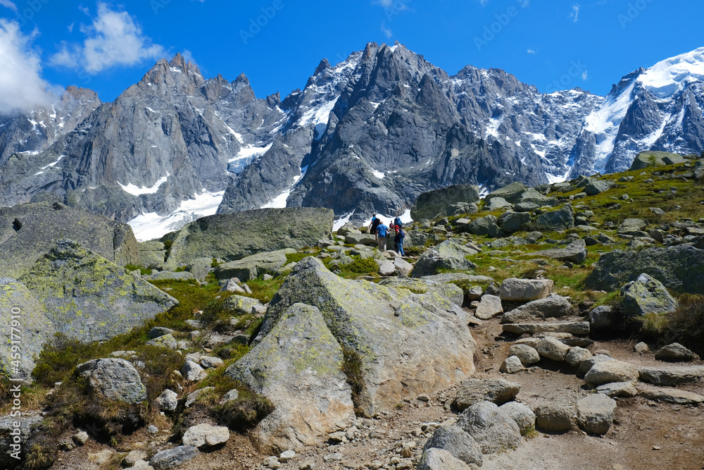 Amazing scenery and mountain trail from the middle cable car station to Refuge du Plan de l'Aiguille, French Alps , Chamonix, Mont Blanc, Haute-Savoie, France