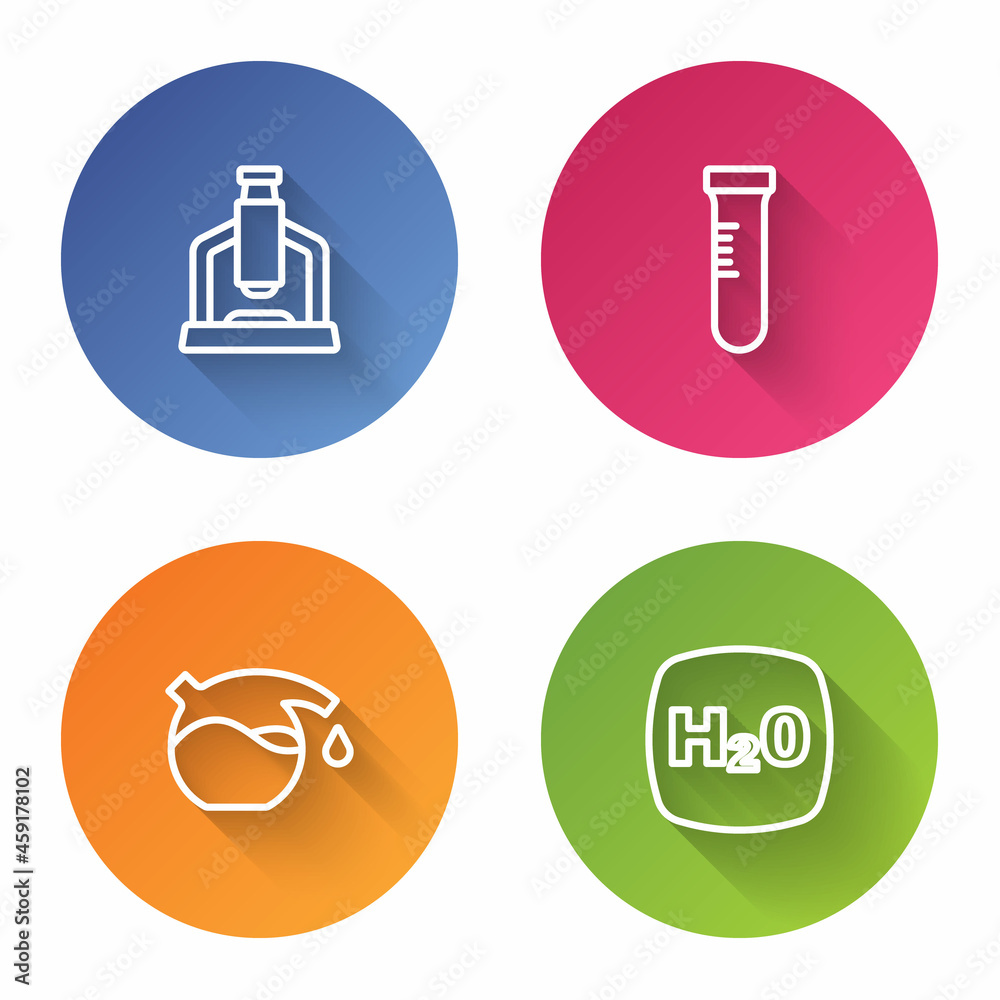 Set line Microscope, Test tube, and Chemical formula H2O. Color circle button. Vector Set line Microscope, Test tube, and Chemical formula H2O. Color circle button. Vector