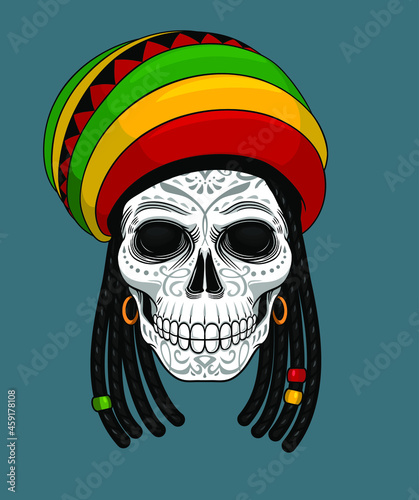 Scull, Rasta man. Day of The Dead colorful Skull with ornament. Halloween, Dia de los muertos, Mexican sugar skull, Posters, T-shirt print design