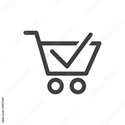 Logotipo con silueta de carrito de la compra como casilla de verificación con checkmark con lineas en color gris