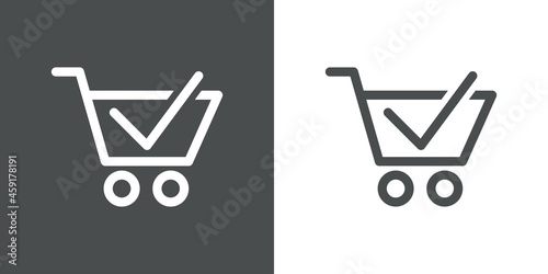 Logotipo con silueta de carrito de la compra como casilla de verificación con checkmark con lineas en fondo gris y fondo banco