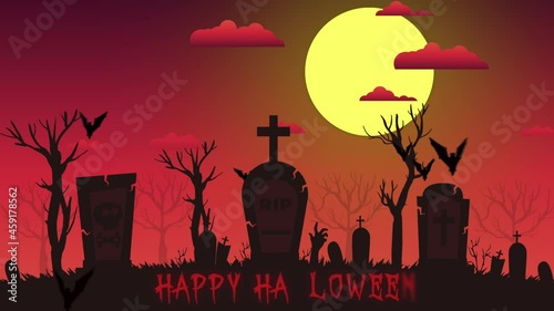 ANIMATION of scary HALLOWEEN night with big MOON, flying BATS and WITCH, PUMPKIN and GAVES on the hill on cemetery. Background of dark RED NIGHT Animation background. Happy Halloween.