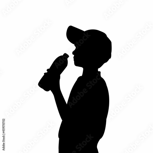 a boy drinking water, silhouette vector