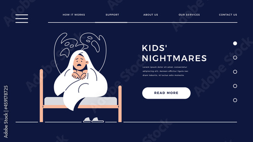 Nightmares in Children web template. Scared boy hides under blanket from ghost, child is frightened of monster from bad dream. Childhood fears, Kids nightmares for homepage.Flat vector illustration