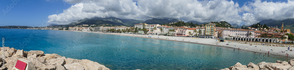 Extra wide view of the seafront of Menton