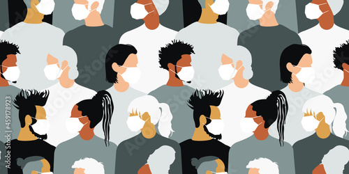 A crowd of women and men wearing medical masks. Coronavirus in China. Seamless background of stylish people of different nationalities and religions. Quarantine concept. Shades of gray. Vector.
