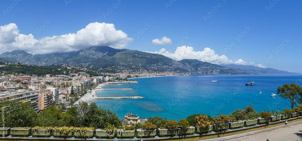 Aerial view of Menton with beautiful blue and green sea